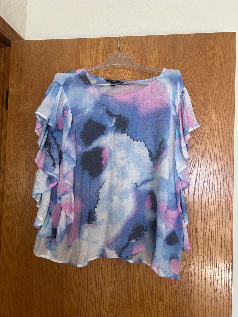 Zac & Rachel Blue and Pink Watercolor Ruffle Sleeve Blouse